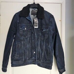 GUESS Black Denim Jacket with Sherpa Collar Large